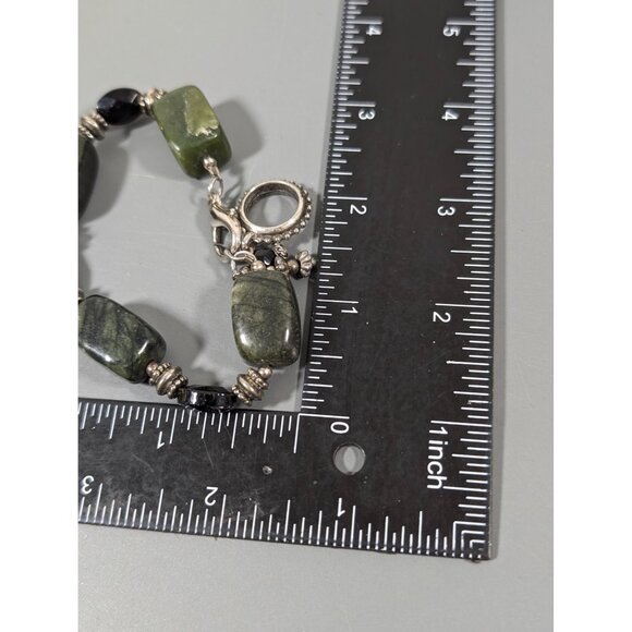 Polished Green Stone Bead Black Faceted Glass Bracelet Chunky Boho Statement 7" - Picture 7 of 7